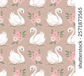 Seamless pattern with little swans and flowers on a beige background. Cute background for decorating a nursery bedroom. Print
