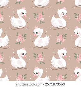 Seamless pattern with little swans and flowers on a beige background. Cute background for decorating a nursery bedroom. Print