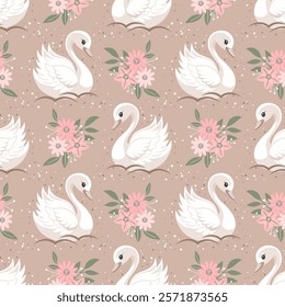 Seamless pattern with little swans and flowers on a beige background. Cute background for decorating a nursery bedroom. Print