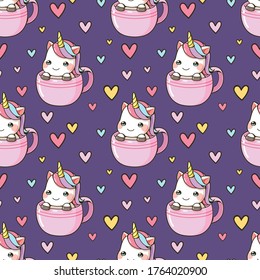 Seamless pattern little unicorn in a cup of coffee with colorful heart cartoon, Vector illustration. This design for publication, decoration, sticker, pattern, screen pattern on shirt and more.