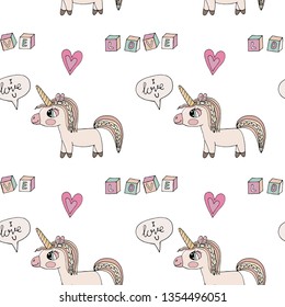 Seamless pattern with little Unicorn with heart isolated on white. Cute cartoon Unicorn.