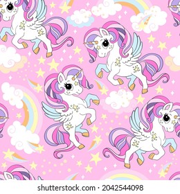 Seamless pattern with little unicorns, clouds, rainbow and stars. Magic background with unicorns. Vector illustration in trendy colors. For design, print, decor, wallpaper, linen, dishes, textile.