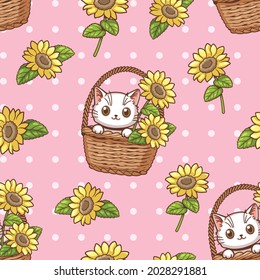 Seamless pattern of little white cat in a basket and sunflowers with polka dots on the back. Light pink background, This pattern can be used as part of a design or as a wallpaper.