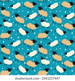 Seamless pattern with little white cute goats with horns, drawn in a simple cartoon style, running on a blue field, for printing on textiles or objects	 

