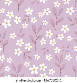 Seamless pattern with little white flower and leaves on purple background vector illustration. Cute floral pattern.