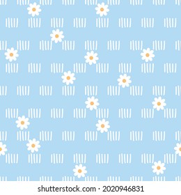 Seamless pattern with little white flower and short hand drawn lines on blue background vector illustration.