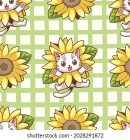 Seamless pattern of little white kitten wears a large sunflower collar and green stripe square lattice pattern on the back, This pattern can be used as part of a design or as a wallpaper.