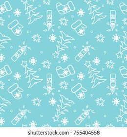 Seamless pattern with little white line mitten, snowflake, candle, star and sock. Winter holiday background. Vector illustration.