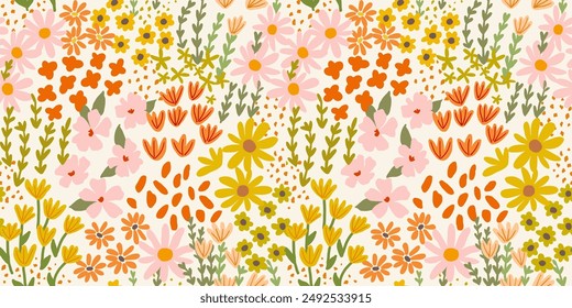 Seamless pattern with little wild meadow flowers, leaves and bees. Сolourful cute floral summer background. Can be used for wrapping, textile, print, banner, brochure, label, wallpaper, greeting card