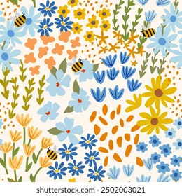 Seamless pattern with little wild meadow flowers, leaves and bees. Сolourful cute floral summer background. Can be used for wrapping, textile, print, banner, brochure, label, wallpaper, greeting card