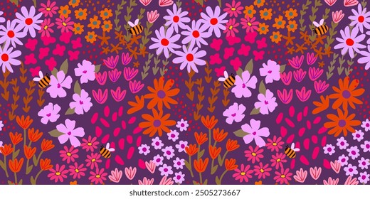 Seamless pattern with little wild meadow flowers, leaves and bees. Сolourful cute floral summer background. Can be used for wrapping, textile, print, banner, brochure, label, wallpaper, greeting card