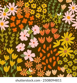 Seamless pattern with little wild meadow flowers, leaves and bees. Сolourful cute floral summer background. Can be used for wrapping, textile, print, banner, brochure, label, wallpaper, greeting card	