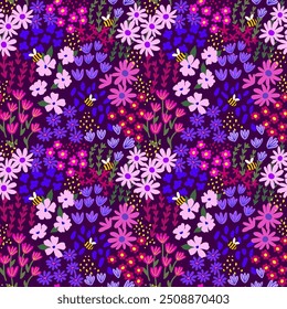 Seamless pattern with little wild meadow flowers, leaves and bees. Сolourful cute floral summer background. Can be used for wrapping, textile, print, banner, brochure, label, wallpaper, greeting card