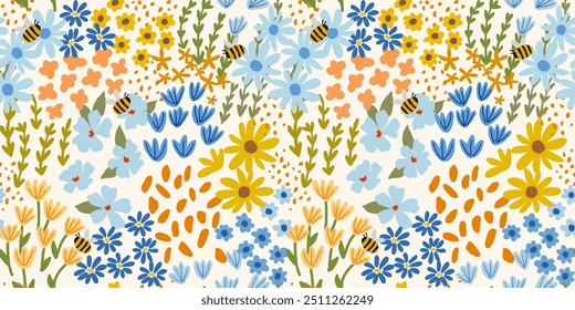 Seamless pattern with little wild meadow flowers, leaves and bees. Сolourful cute floral summer background. Can be used for wrapping, textile, print, banner, brochure, label, wallpaper, greeting card	