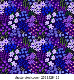 Seamless pattern with little wild meadow flowers and leaves. Colorful cute floral summer background. Can be used for wrapping, textile, print, banner, brochure, label, greeting card	