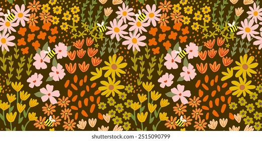 Patrón sin fisuras con pequeñas flores silvestres del prado, hojas y abejas. СFondo de verano floral lindo colorido. Puede ser utilizado para envolver, materia textil, impresión, Anuncio, folleto, etiqueta, Fondo de pantalla, tarjeta de felicitación	