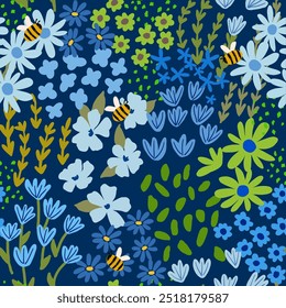 Seamless pattern with little wild meadow flowers, leaves and bees. Сolourful cute floral summer background. Can be used for wrapping, textile, print, banner, brochure, label, wallpaper, greeting card	