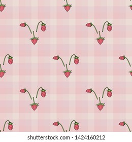 Seamless pattern with little wild strawberries on pink background for fabric, textile, clothes, tablecloth, post cards and other things. Endless background for your design. Vector image. 