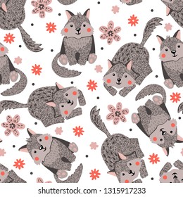 Seamless pattern with little wolfs and flowers isolated on white.Baby shower background.Nursery concept.Design element for fabric,textile,wallpaper,prints,scrapbooking or others.Vector illustration.