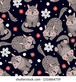 Seamless pattern with little wolfs and flowers on black.Baby shower background.Nursery concept.Design element for fabric,textile,wallpaper,prints,scrapbooking or others.Vector illustration.