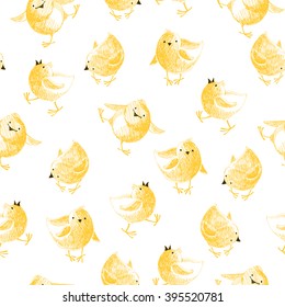 Seamless pattern with little yellow chicks. Vector hand drawn background.