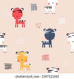 Seamless pattern with little zebra. Childish funny print. Vector hand drawn illustration.