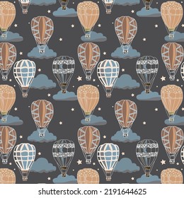 Seamless pattern of liver chestnut, almond, tan crayola color hot air balloon with pewter blue  color clouds and almond  color stars on Davys grey color on background. Textile deign, wallpaper.
