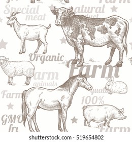 Seamless pattern with livestock and inscriptions. Farm animals in the style of vintage engraving. Vector illustration. Design for packaging farm products and  farm food shops.