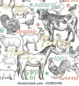 Seamless pattern with livestock, poultry, inscriptions. Farm birds and animals in the style of vintage engraving. Vector illustration. Designed for paper, packaging, and other farming products.