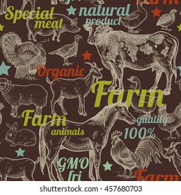 Seamless pattern with livestock, poultry, inscriptions. Farm birds and animals in the style of vintage engraving. Vector illustration. Design for packaging farm products and  farm food shops.