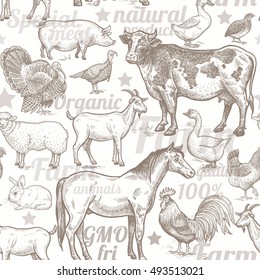 Seamless pattern with livestock, poultry, inscriptions. Farm birds and animals in the style of vintage engraving. Vector illustration. Design for packaging products and food shops.