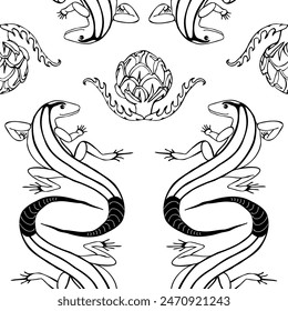 seamless pattern lizard and artichoke black contour on white background