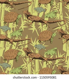 Seamless pattern of lizard, toads and turtle. Engraved style. Vector illustration.