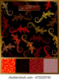 seamless pattern with lizards of different shades of red, orange and yellow