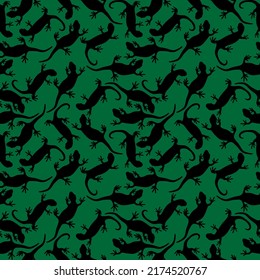 Seamless pattern of lizards reptile gecko silhouette vector. Simple silhouette pattern isolated on green background. Template for clothes, wallpaper, background and fabric.