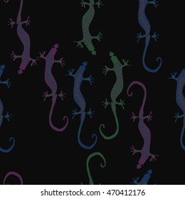 Seamless  pattern with lizards, reptile, zigzag, object, ellipses . Hand drawn.