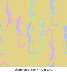 Seamless  pattern with lizards, reptile, zigzag, object, ellipses . Hand drawn.