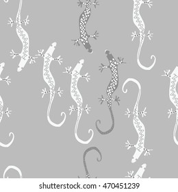 Seamless  pattern with lizards, reptile, zigzag, object, ellipses . Hand drawn.