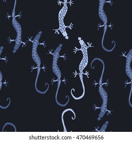 Seamless  pattern with lizards, reptile, zigzag, object, ellipses . Hand drawn.
