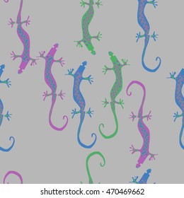Seamless  pattern with lizards, reptile, zigzag, object, ellipses . Hand drawn.