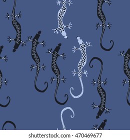 Seamless  pattern with lizards, reptile, zigzag, object, ellipses . Hand drawn.
