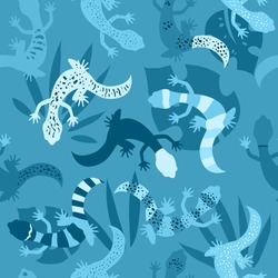 Seamless Pattern With Lizards And Tropical Leaves In Blue Colors. Reptiles Exotic Illustration For Textile Or Fabric Design. - Vector