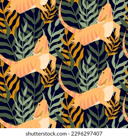 Seamless pattern with lizards and tropical leaves. Colorful exotic illustration of lizards.