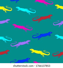 Seamless pattern of lizards of various colors on the fabric, packaging, etc.
