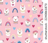Seamless pattern with llama, alpaca faces. Cute drawings of llama head with hearts, inscription, mountains, cacti, star, dreamcatcher. Hand drawing for postcards, t-shirts, textiles.