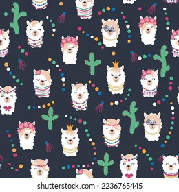 Seamless pattern with llama, alpaca faces. Cute drawings of llama head with hearts, inscription, mountains, cacti, star, dreamcatcher. Hand drawing for postcards, t-shirts, textiles.