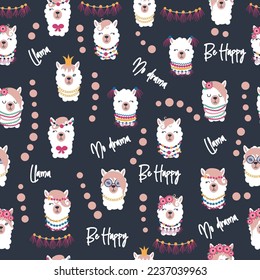 Seamless pattern with llama, alpaca faces. Cute drawings of llama head with hearts, inscription, mountains, cacti, star, dreamcatcher. Hand drawing for postcards, t-shirts, textiles.