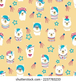 Seamless pattern with llama, alpaca faces. Cute drawings of llama head with hearts, inscription, mountains, cacti, star, dreamcatcher. Hand drawing for postcards, t-shirts, textiles.