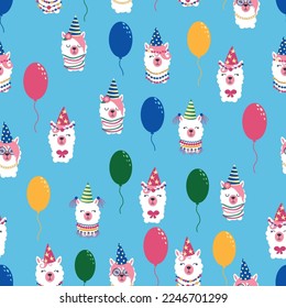 Seamless pattern with llama, alpaca faces. Birthday theme. Caps, balloons, inscription happy birthday.