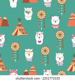 Seamless pattern with llama, alpaca faces. Cute drawings of llama head with hearts, inscription, mountains, cacti, star, dreamcatcher. Hand drawing for postcards, t-shirts, textiles.